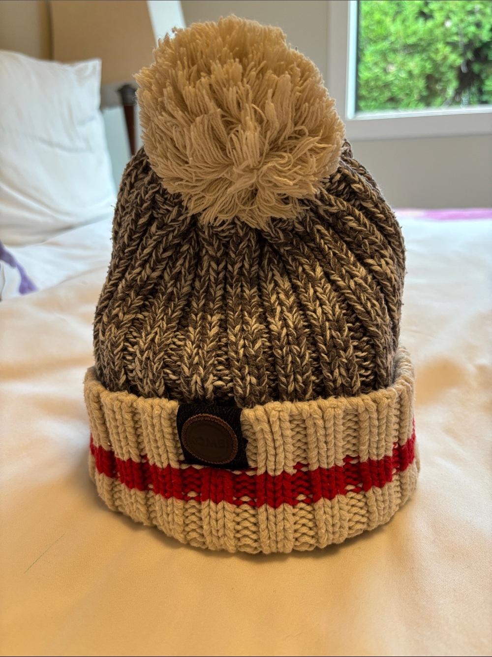 Chunky Knit Pom Beanie in Cream, Brown & Red